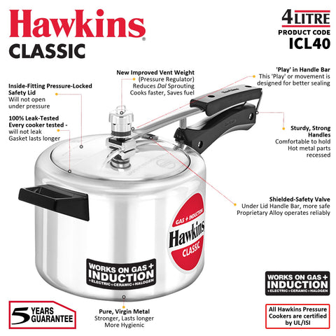 Hawkins Aluminium Classic Pressure Cooker, Inner Lid Cooker, 4Litre