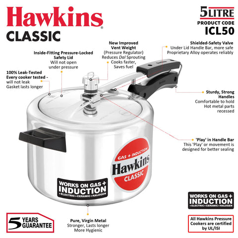 Hawkins Aluminium Classic Pressure Cooker, ,Inner Lid Cooker, 5 Litre