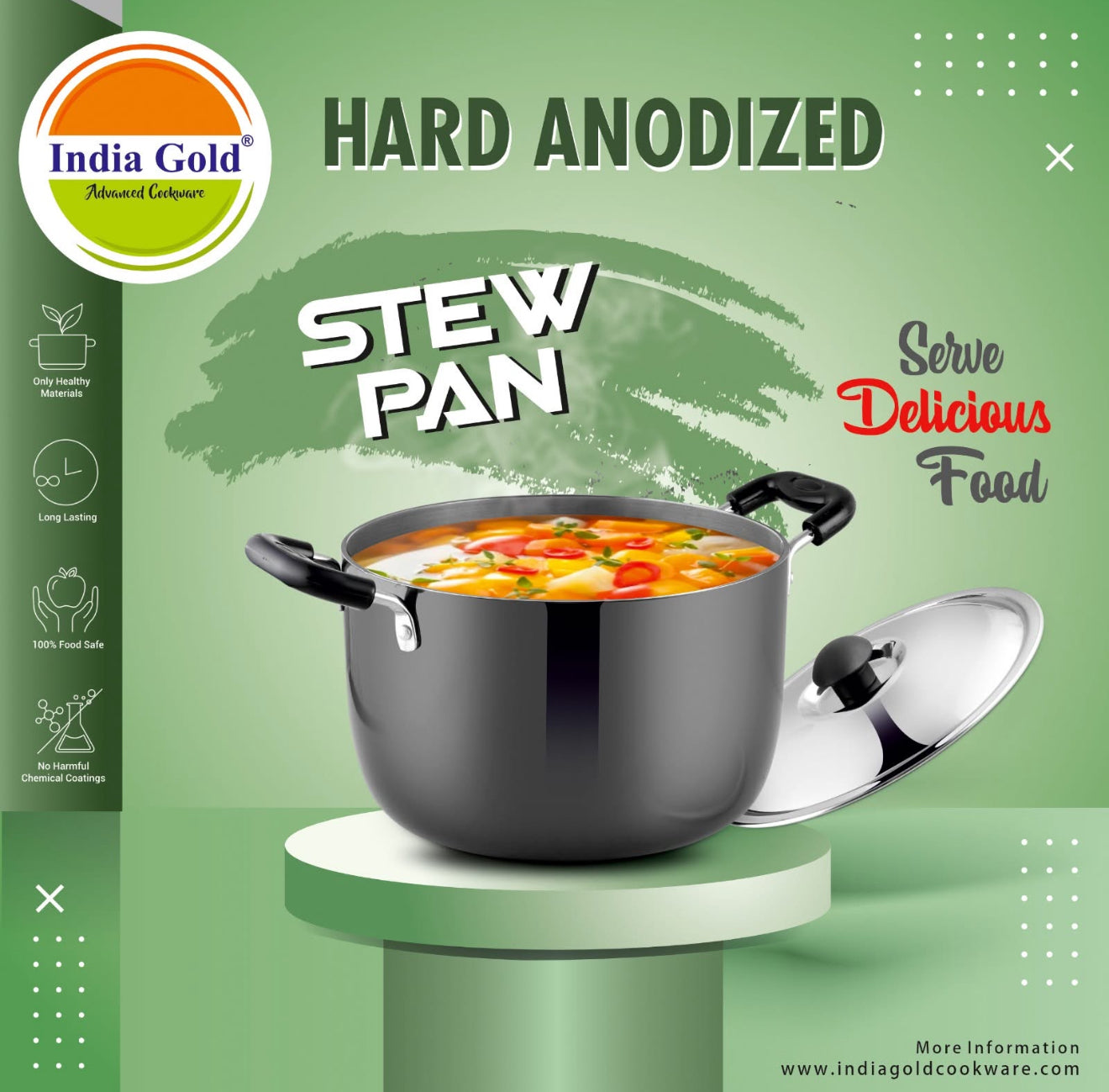 India Gold Stew Pan Hard Anodised With Lid
