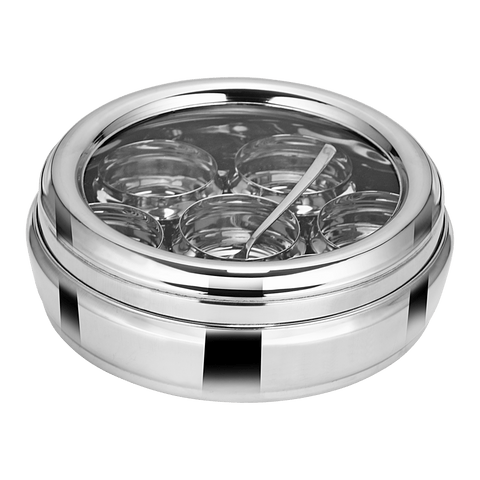 Riar Stainless Steel Masala Dabba – See-Through Lid, Silver, Modern