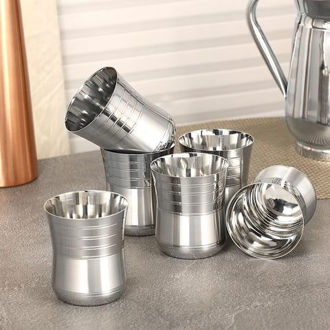 Riar Stainless Steel Baby Damru Plain Glass Set - 6 Pieces, 6.5 cm x 8 cm