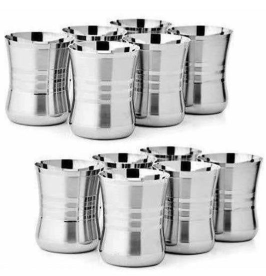 Riar Stainless Steel Baby Damru Plain Glass Set - 6 Pieces, 6.5 cm x 8 cm