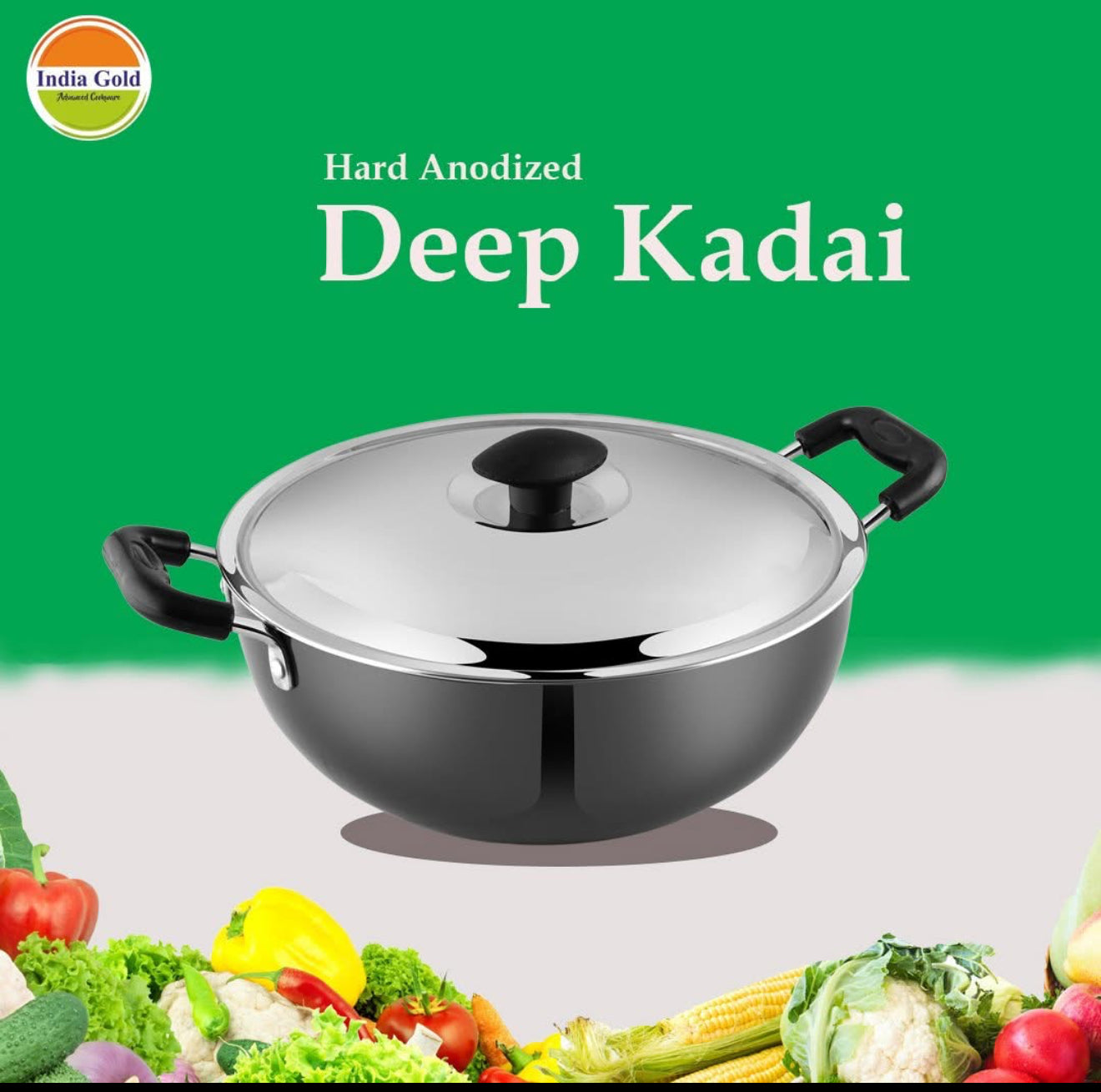 India Gold Aluminium Hard Anodised Kadhai - Black, 480g, Modern Style, 17 cm