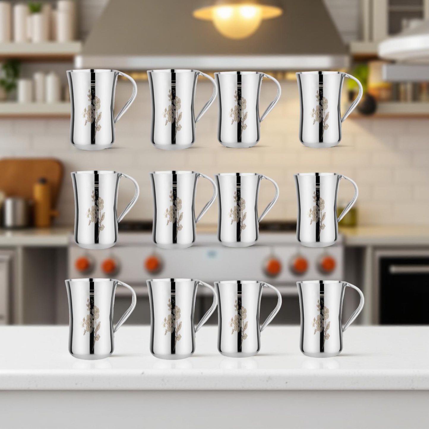 Airan Plus Stainless Steel Laser Glass with Pipe Handle – 6, 9, and 12 Pieces Sets, Silver