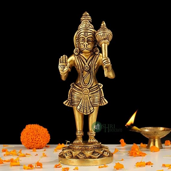 Riar Brass Lord Hanuman Bajrangbali Standing with Gada Idol Murti for Home Office Decor Mandir 4 inch