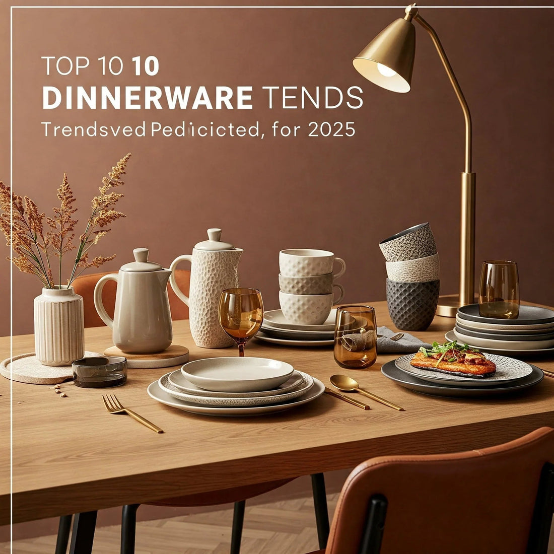 Modern kitchen utensils and dinnerware set on a wooden dining table with ceramic plates, mugs, glasses, and cutlery