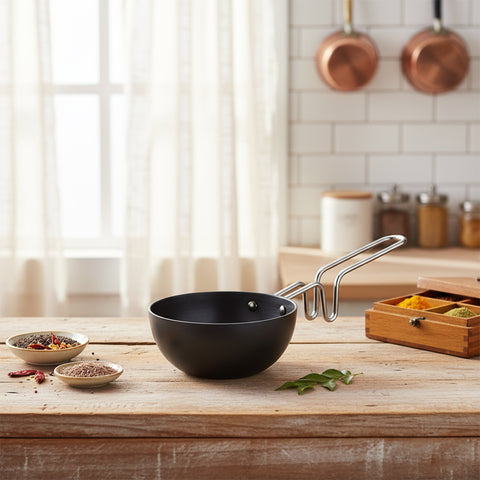 Tadka Pan Hard Anodised - Black, Modern Round Design, 9.5 cm