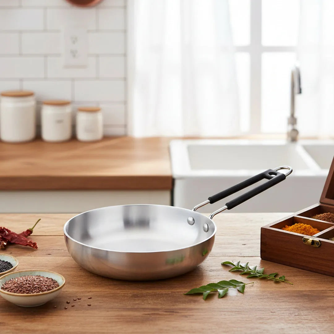 Riar Aluminium Frypan with Induction Base & Steel Polish - 18.5 cm, Silver Finish, with Steel Wire Handle