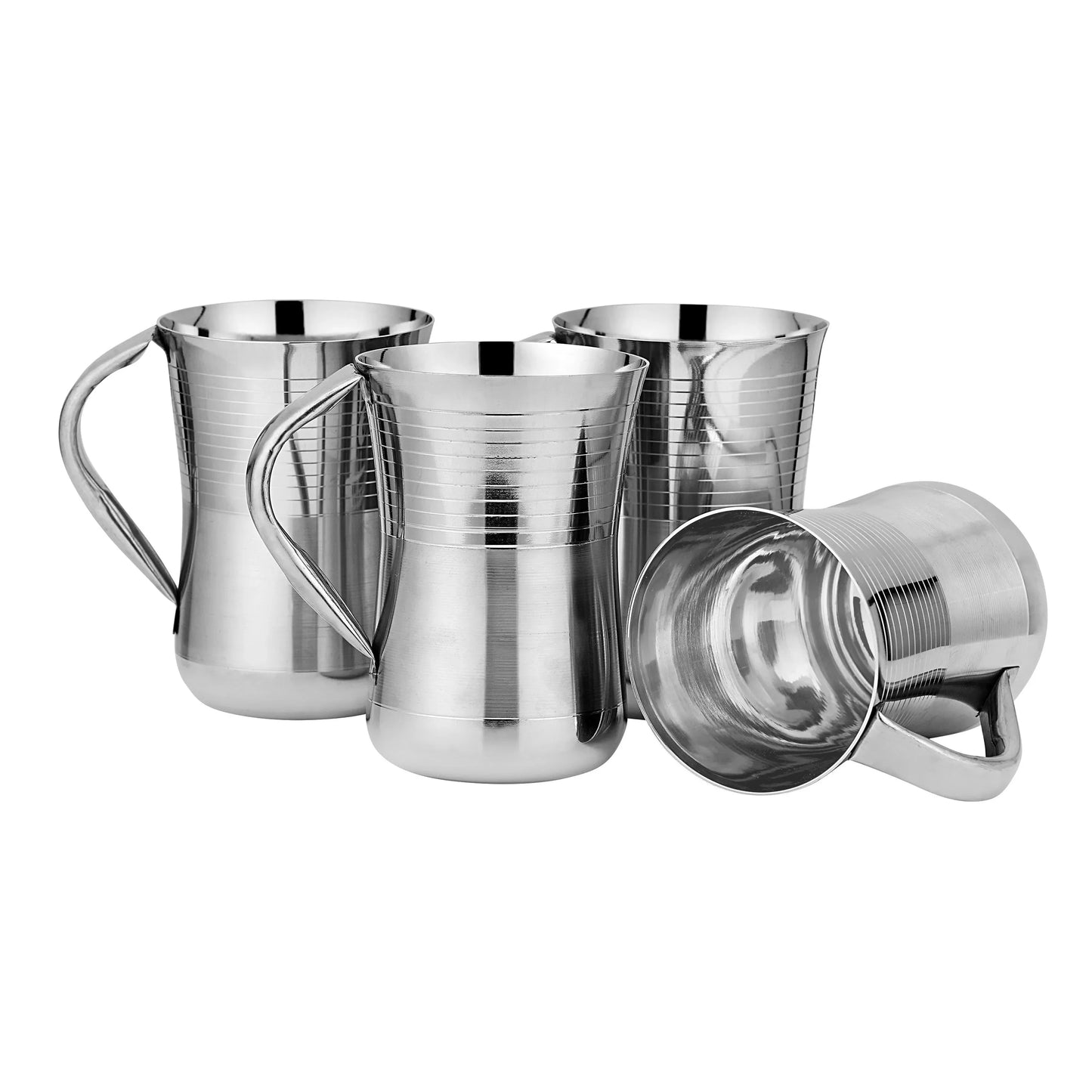 Set of four stainless steel kitchen utensils mugs with handles on white background