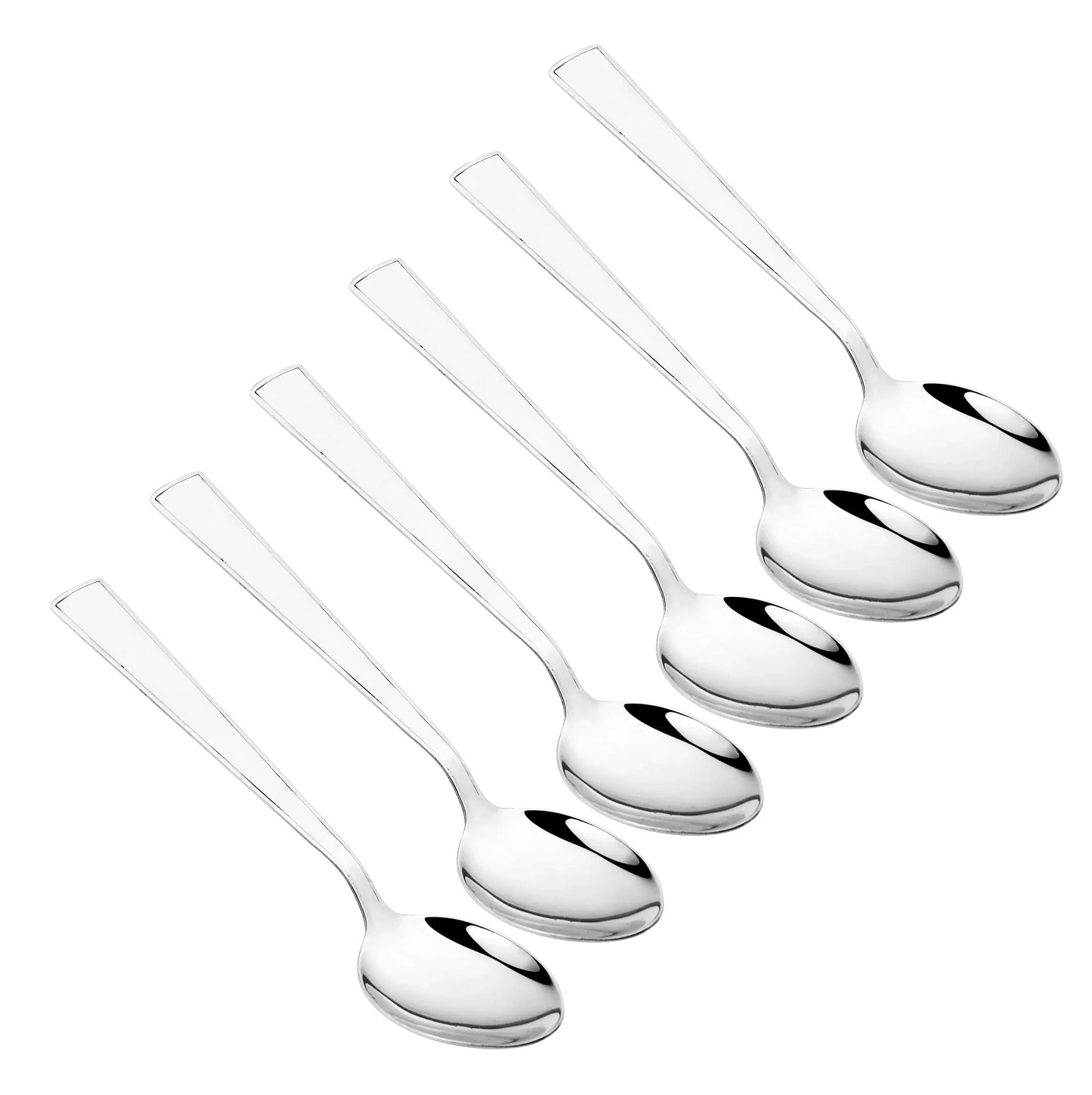 Set of six stainless steel spoons, modern kitchen utensils on white background