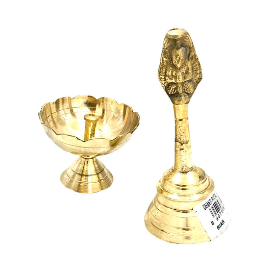 Riar Brass Combo Of Nagpari Head Pooja Bell With Pure Flower Shape Diya (2 Pieces, Gold)