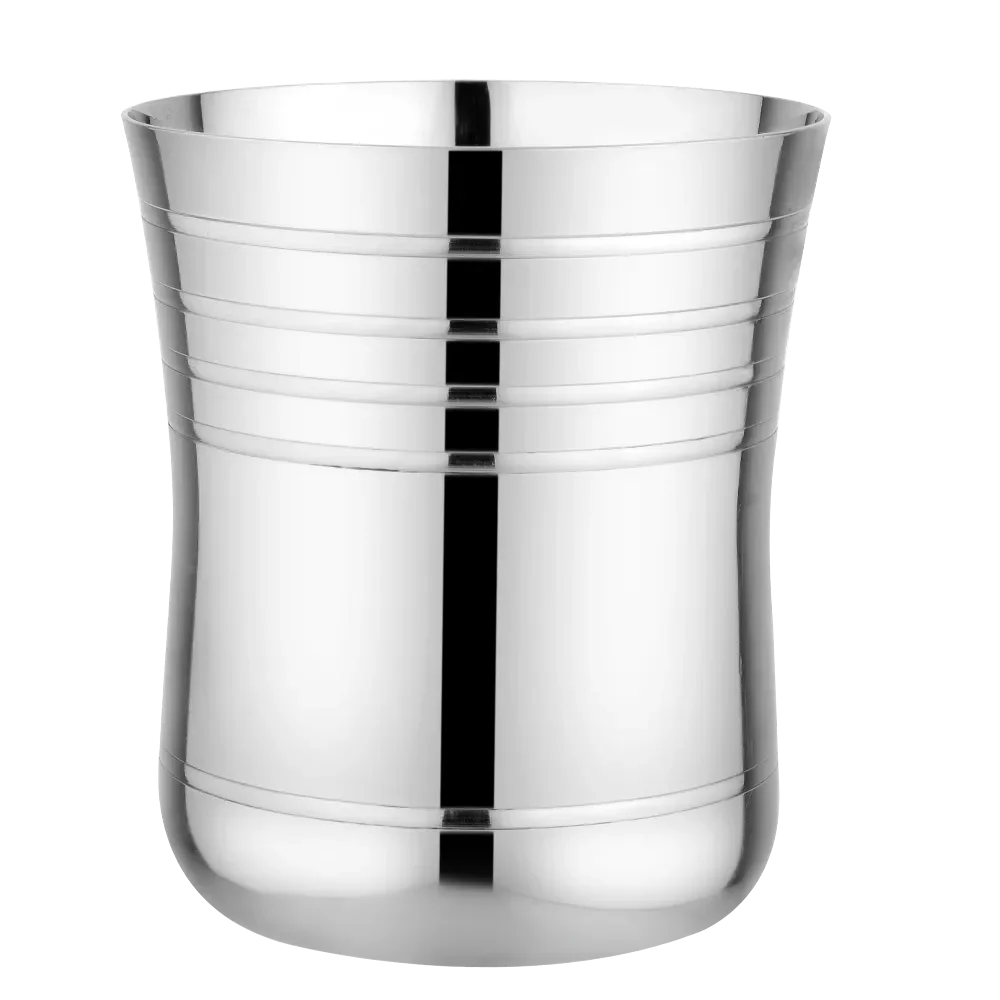 Stainless steel kitchen utensil holder with a polished finish and grooved lines