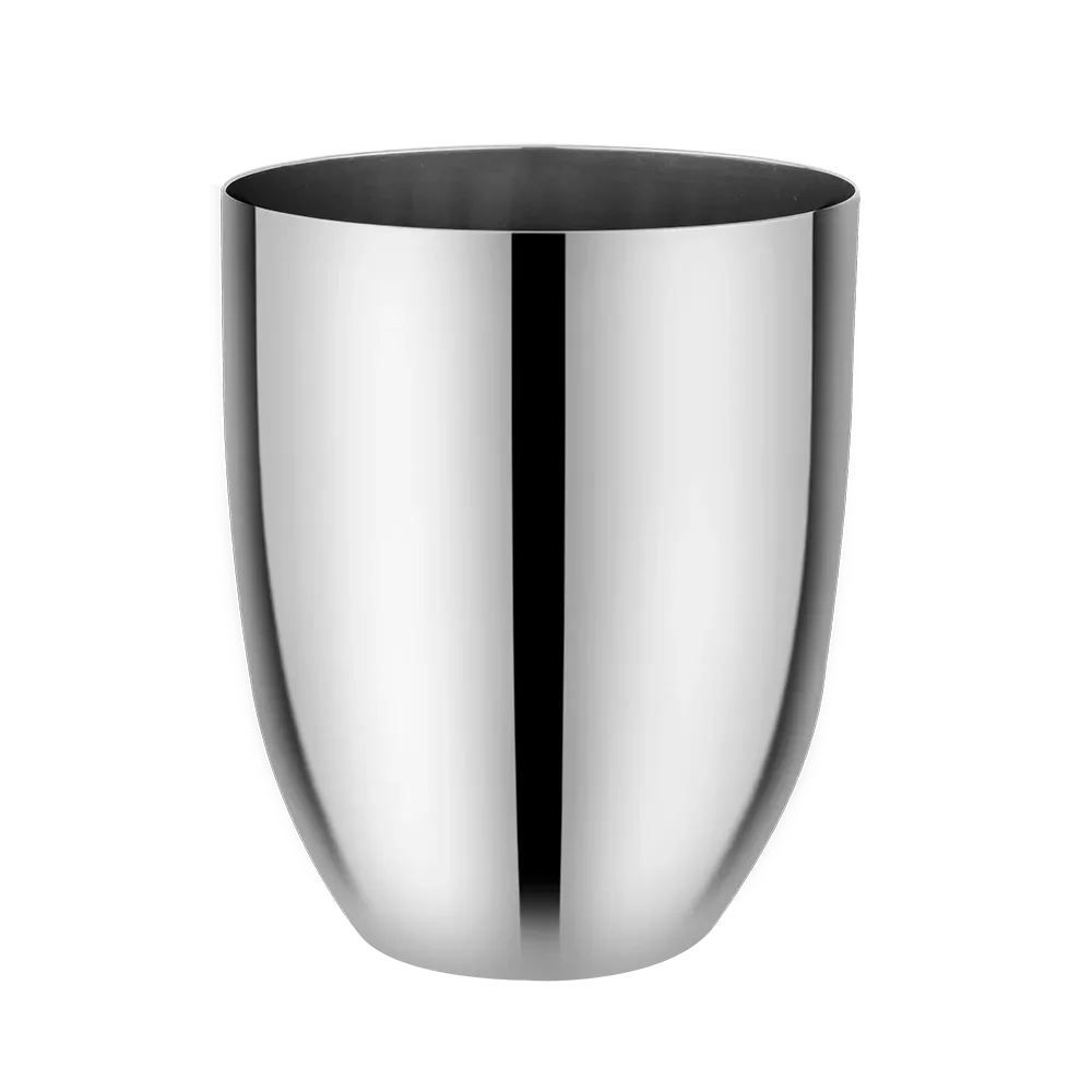 Stainless steel kitchen utensil, metal drinking cup on white background