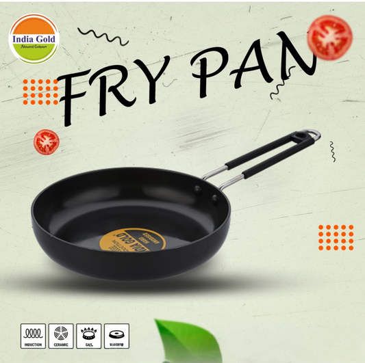India Gold Aluminium Fry Pan - Hard Anodised, Black, Modern Style, 580g, 20 cm
