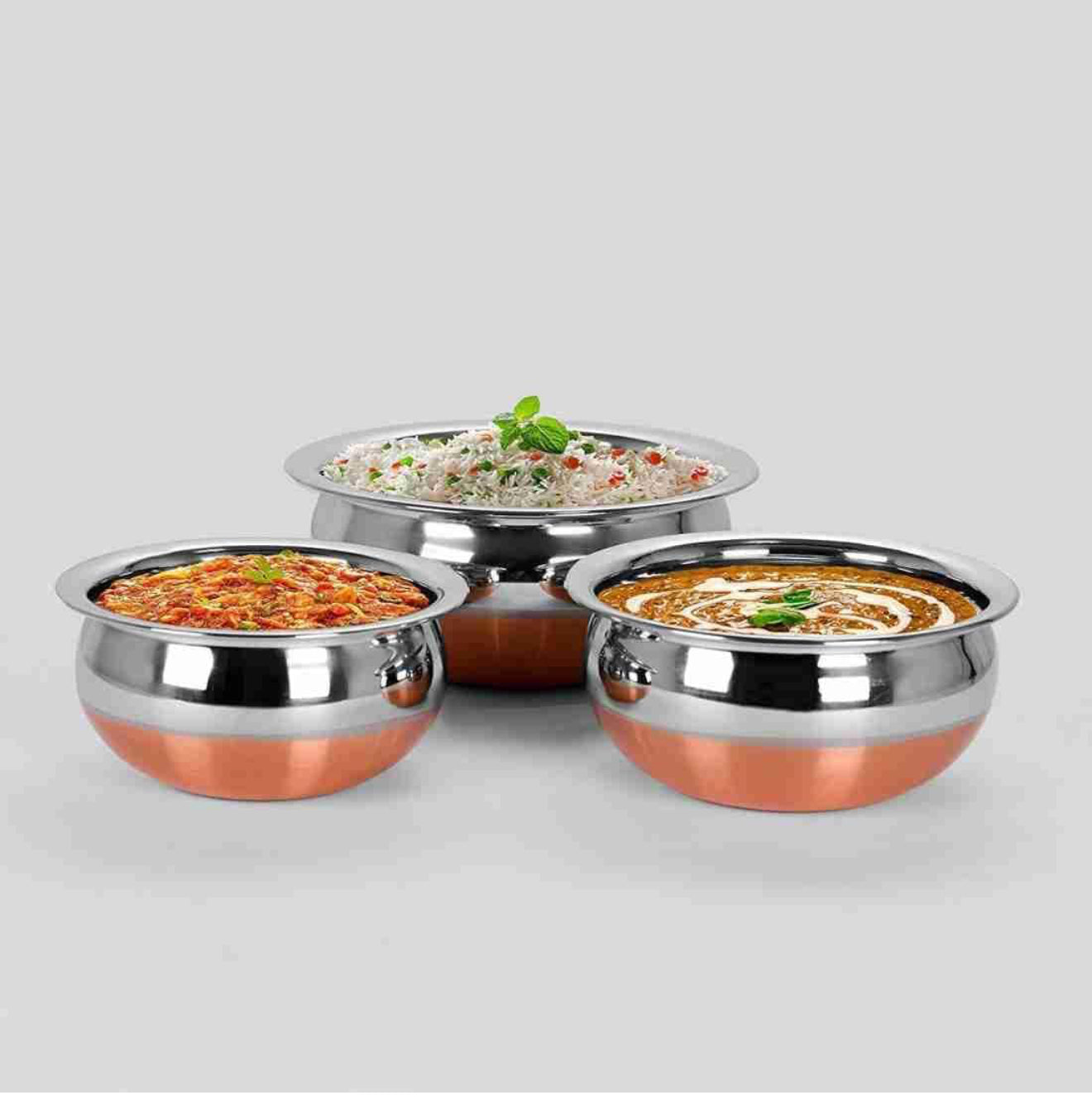 Rajat Stainless Steel Serving & Cook Handi Copper Bottom with Lid 3,5pic set
