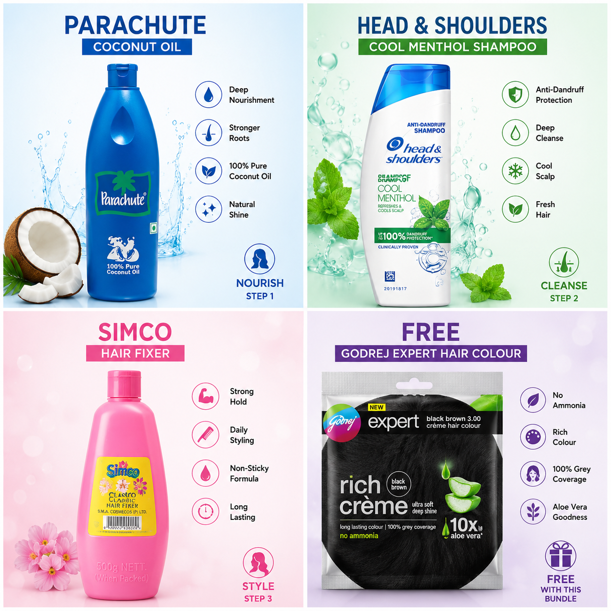 Hair Care Bundle | Coconut Oil, Anti-Dandruff Shampoo & Hair Fixer + FREE Hair Colour