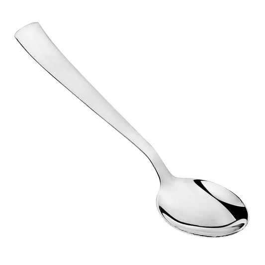 Stainless steel kitchen spoon utensil with a polished finish on white background