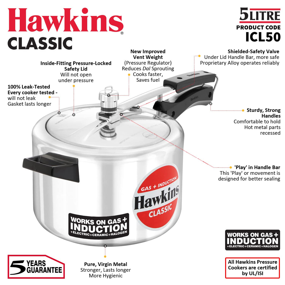 Hawkins Aluminium Classic Pressure Cooker, ,Inner Lid Cooker, 5 Litre
