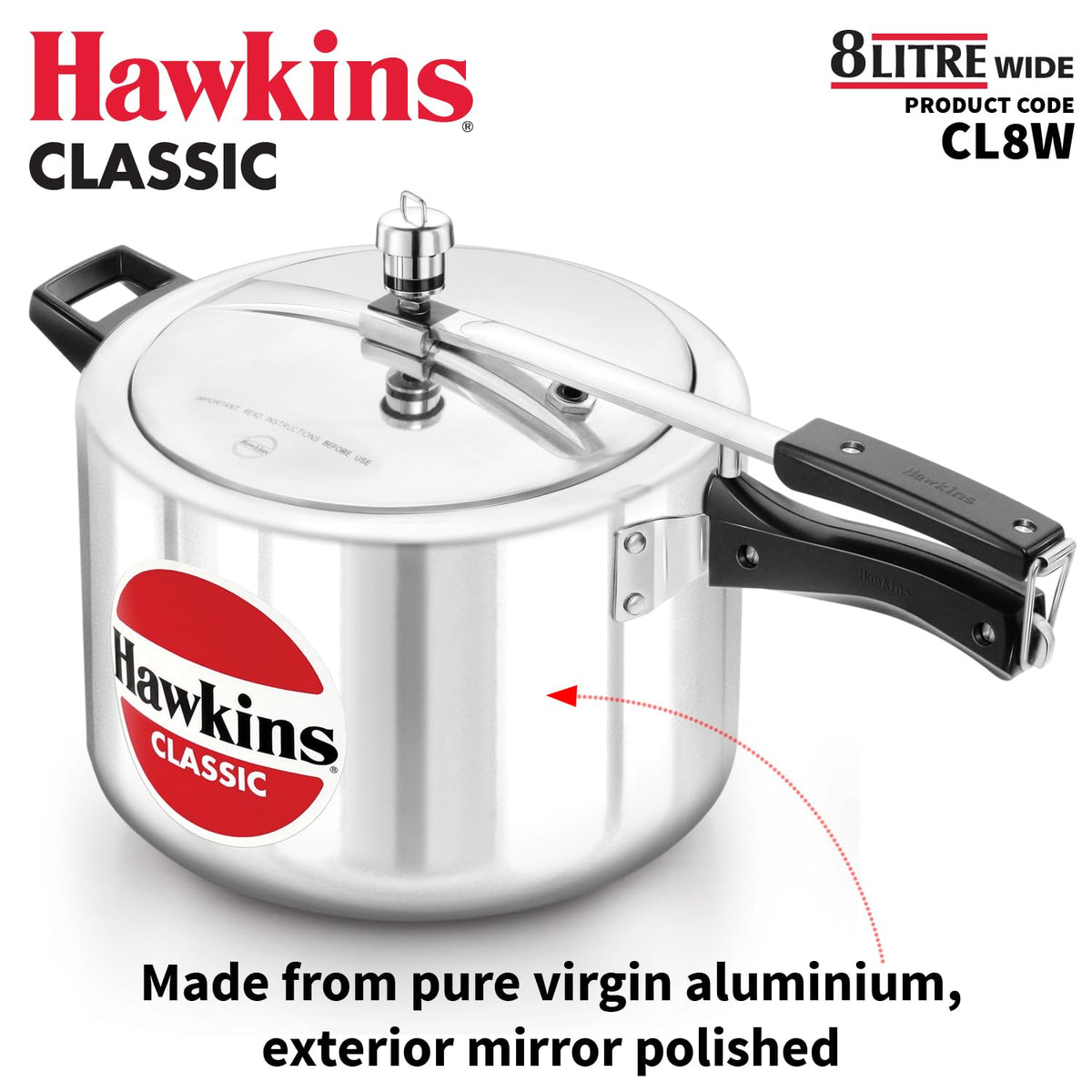 Hawkins Aluminium Classic Pressure Cooker Inner Lid , Wide Design Pan Cooker, 8  Litre