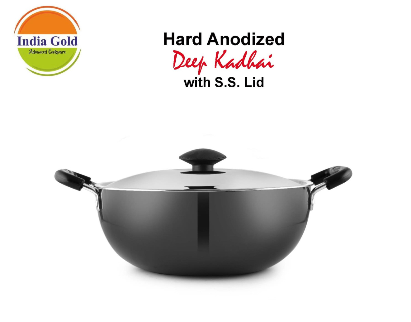 India Gold Aluminium Hard Anodised Kadhai - 20 cm, Black