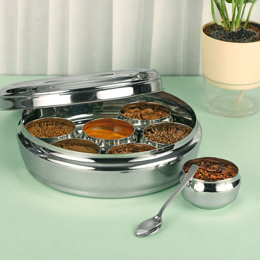 Riar Stainless Steel Masala Dabba – See-Through Lid, Silver, Modern