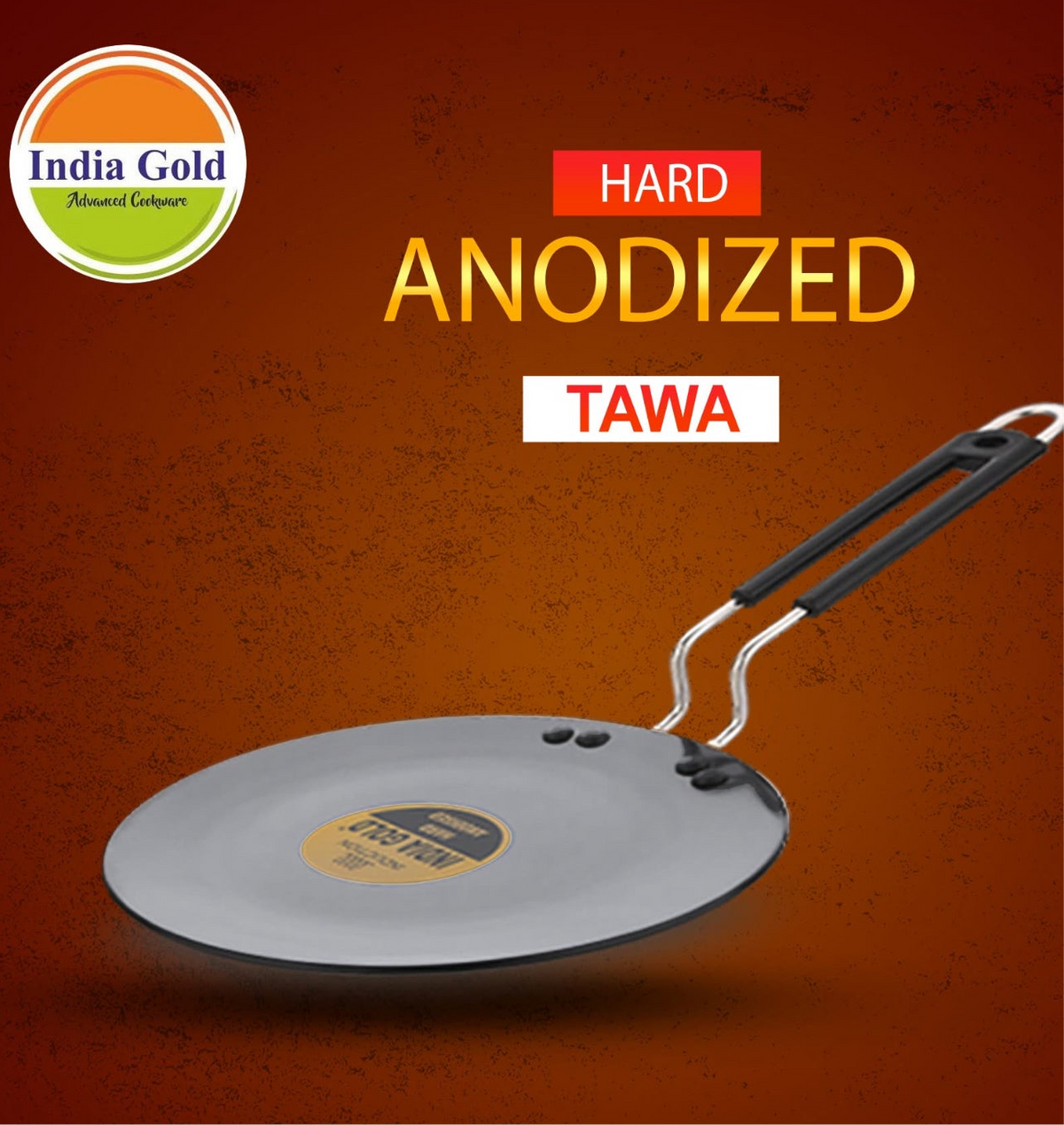 India Gold Aluminium Roti Tawa Hard Anodised - Black, Modern Round Design, 25.5 cm