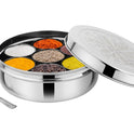 Riar Stainless Steel Modern Masala Box – 20 cm, Round, Laser Print Design