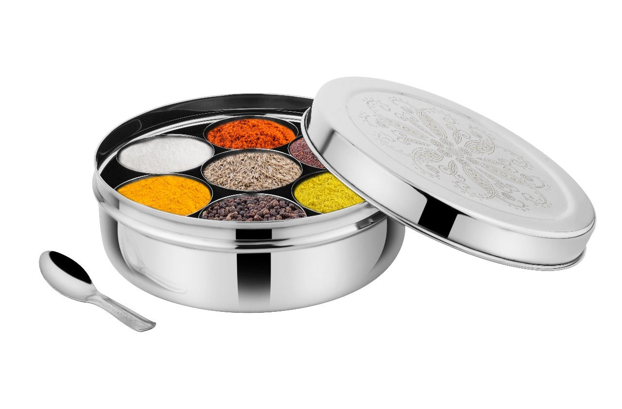 Riar Stainless Steel Modern Masala Box – 20 cm, Round, Laser Print Design