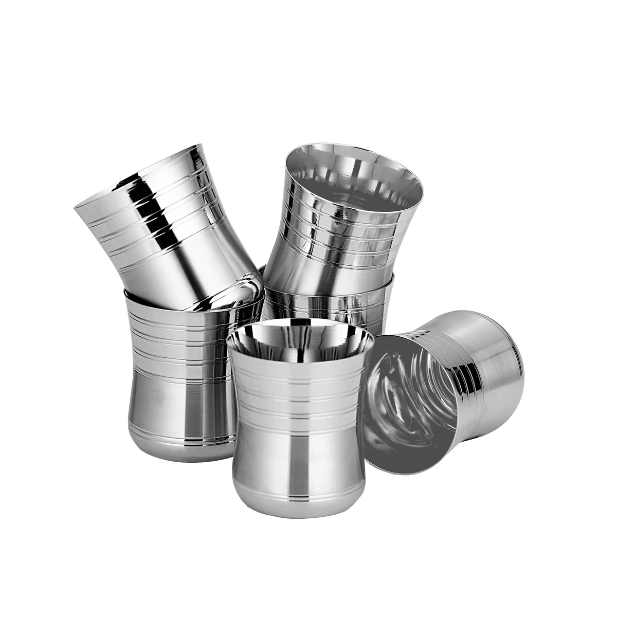 Set of five stainless steel kitchen utensils cups with polished finish on black background