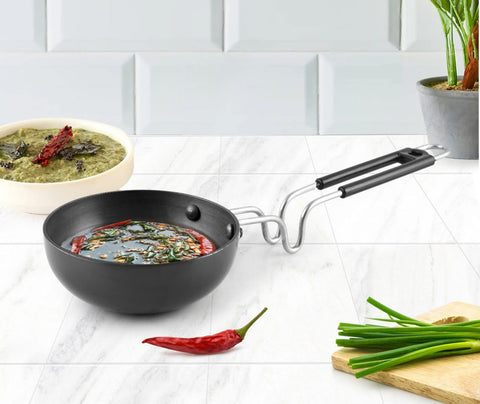 INDIA GOLD Tadka Pan Hard Anodised - Black, Modern Round Design, 11 cm