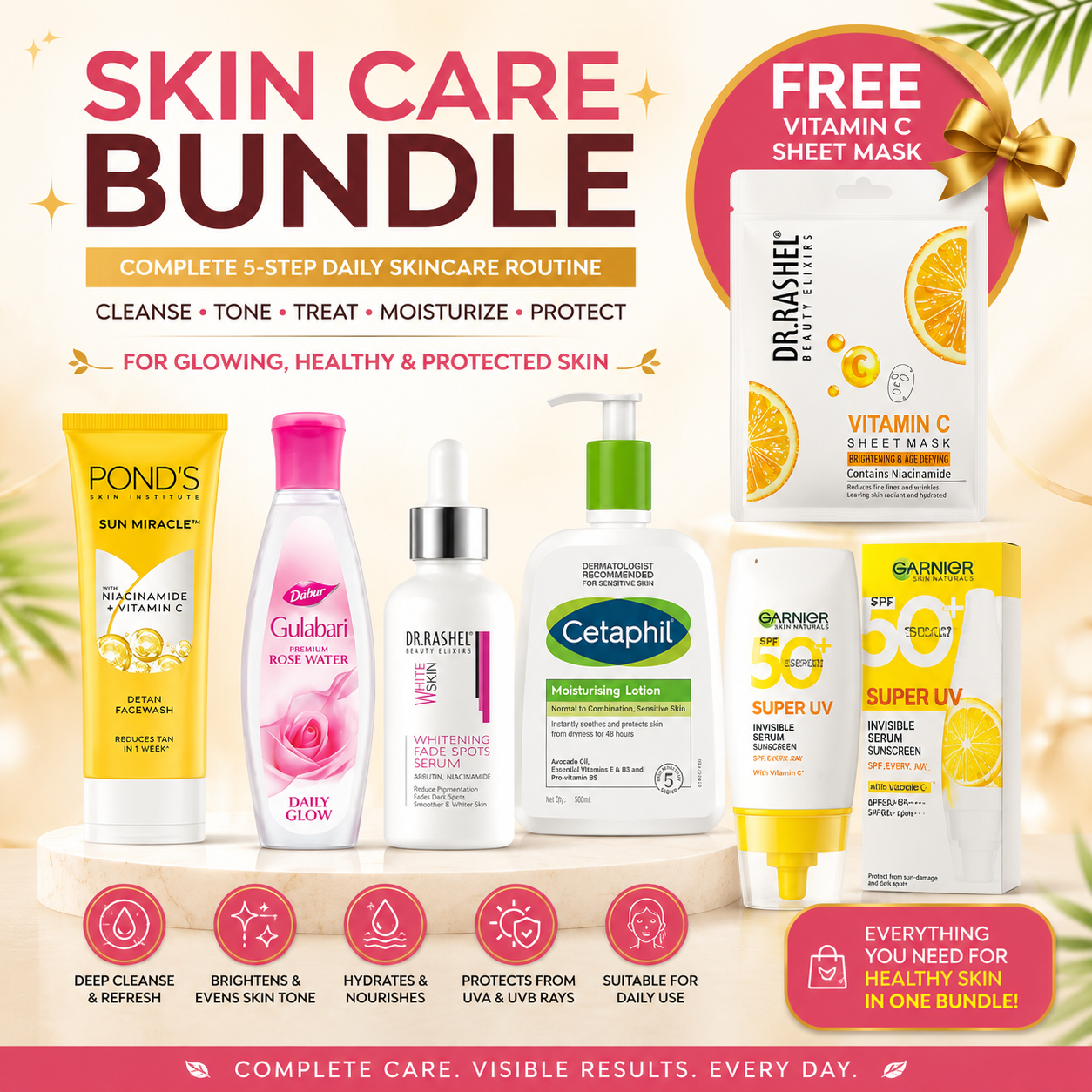 Skin Care Bundle for Glowing Skin | Face Wash, Toner, Serum, Moisturizer & SPF 50 Sunscreen + FREE Sheet Mask