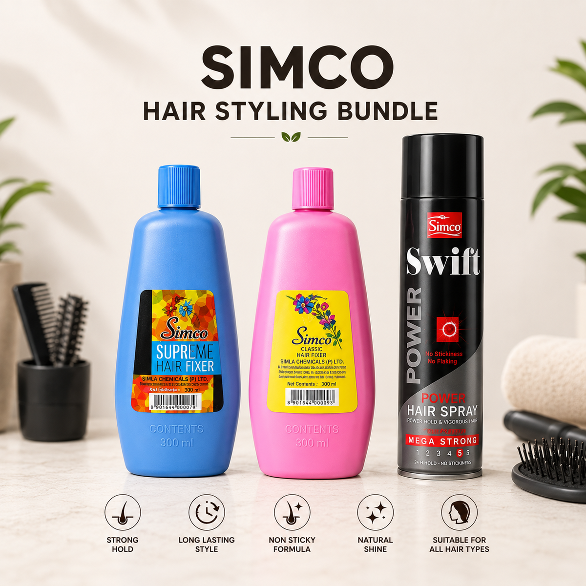 Simco Professional Hair Styling Combo | Hair Spray + Hair Fixer + Hair Styler for Long Lasting Hold & Natural Shine