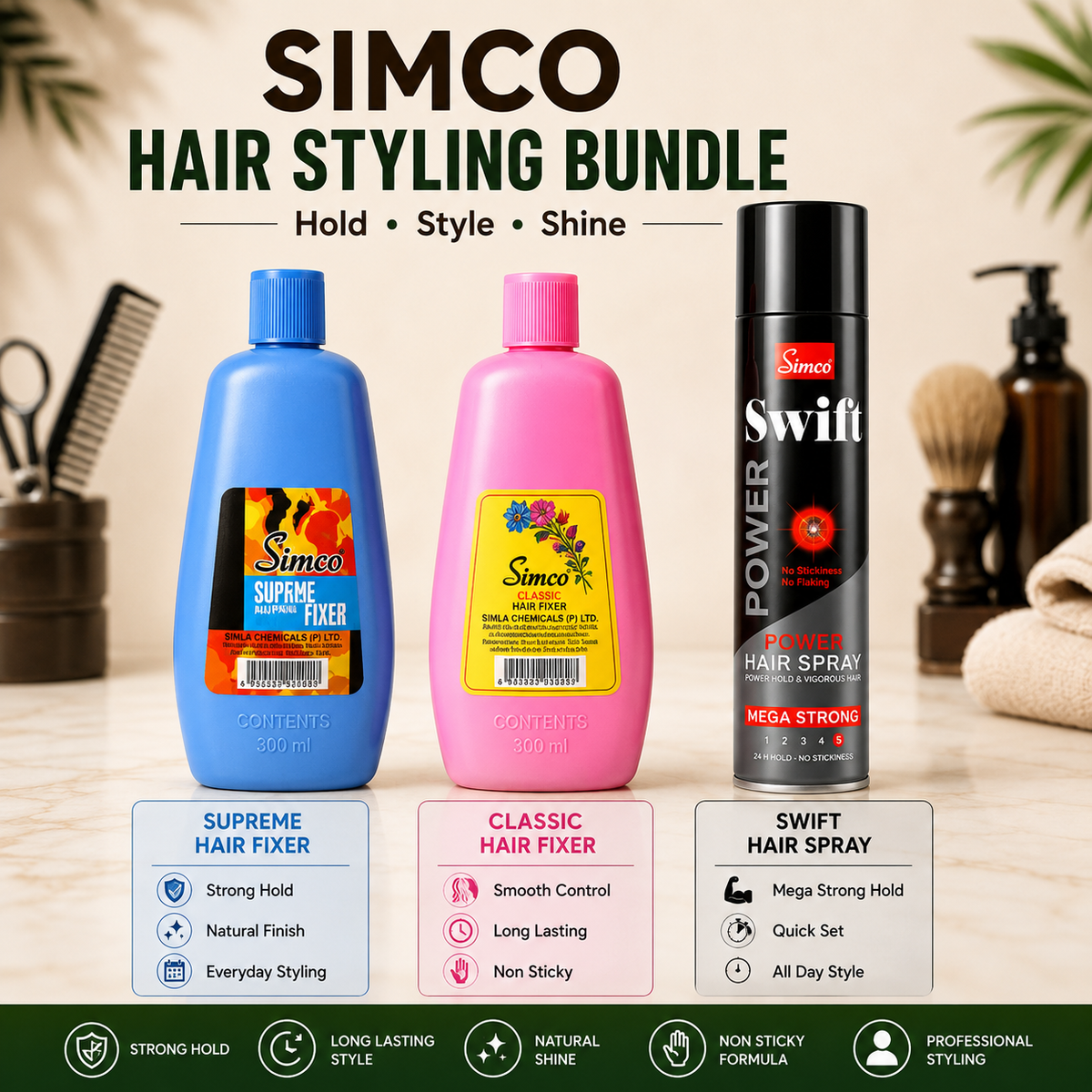 Simco Professional Hair Styling Combo | Hair Spray + Hair Fixer + Hair Styler for Long Lasting Hold & Natural Shine