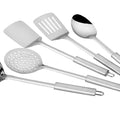 stainless steel kitchen utensil set with spoon, spatula, skimmer, and ladle on white background