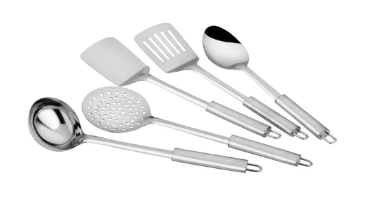 stainless steel kitchen utensil set with spoon, spatula, skimmer, and ladle on white background