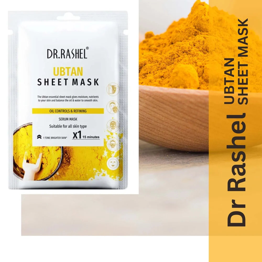 Dr. Rashel Ubtan Sheet Mask packaging with turmeric powder on a wooden background