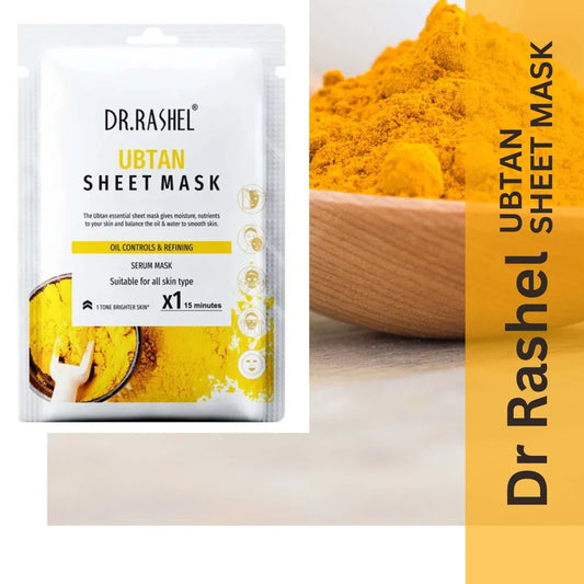 Dr. Rashel Ubtan Sheet Mask packaging with turmeric powder on a wooden background