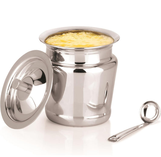 Riar Stainless Steel Ghee Pot – 3" x 3", Silver