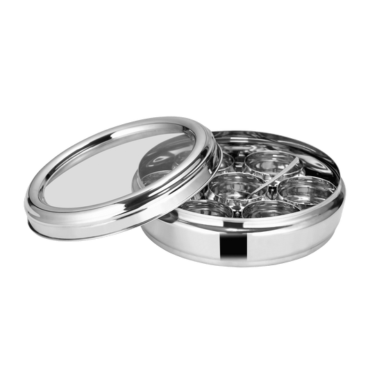 Riar Stainless Steel Masala Dabba – See-Through Lid, Silver, Modern