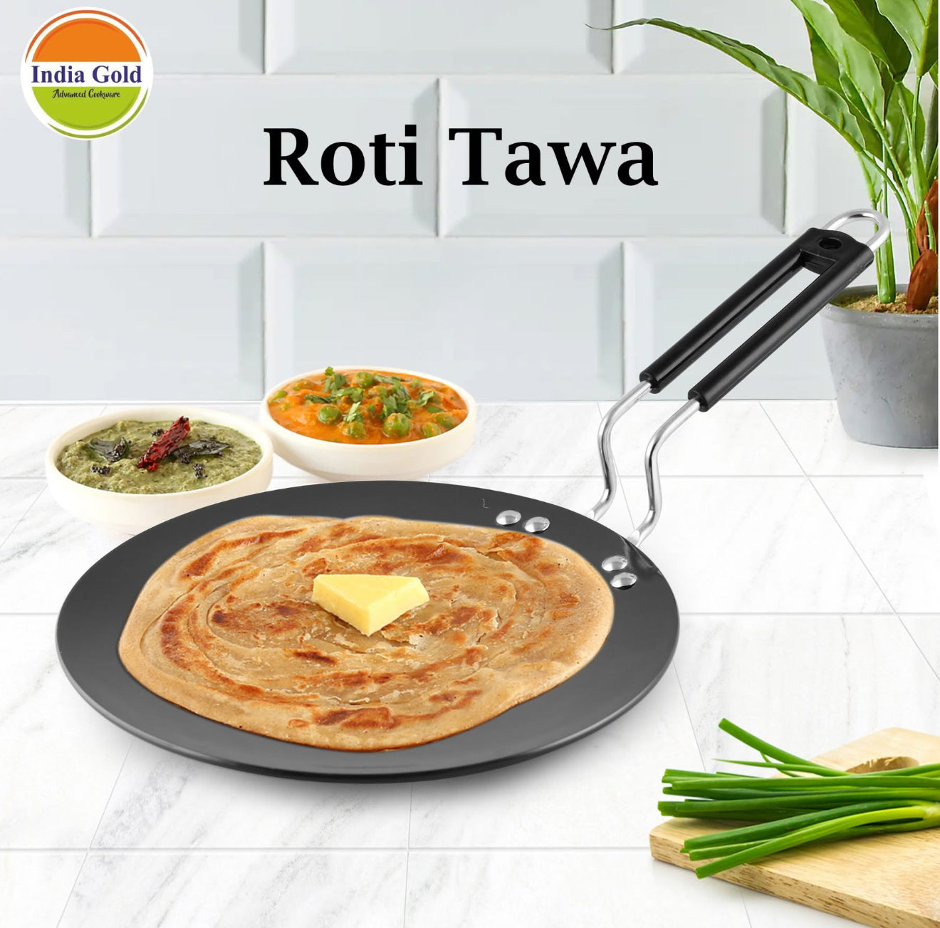 India Gold Aluminium Roti Tawa Hard Anodised Induction - Black, Modern Round Design, 25.5 cm