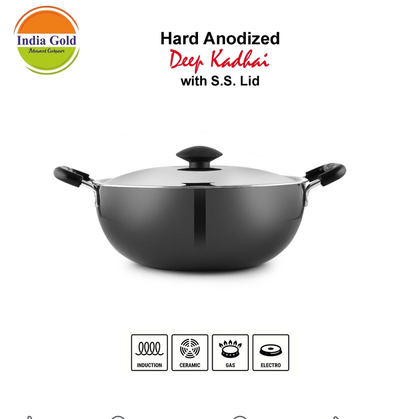 India Gold Aluminium Hard Anodised Kadhai - Black, 480g, Modern Style, 17 cm