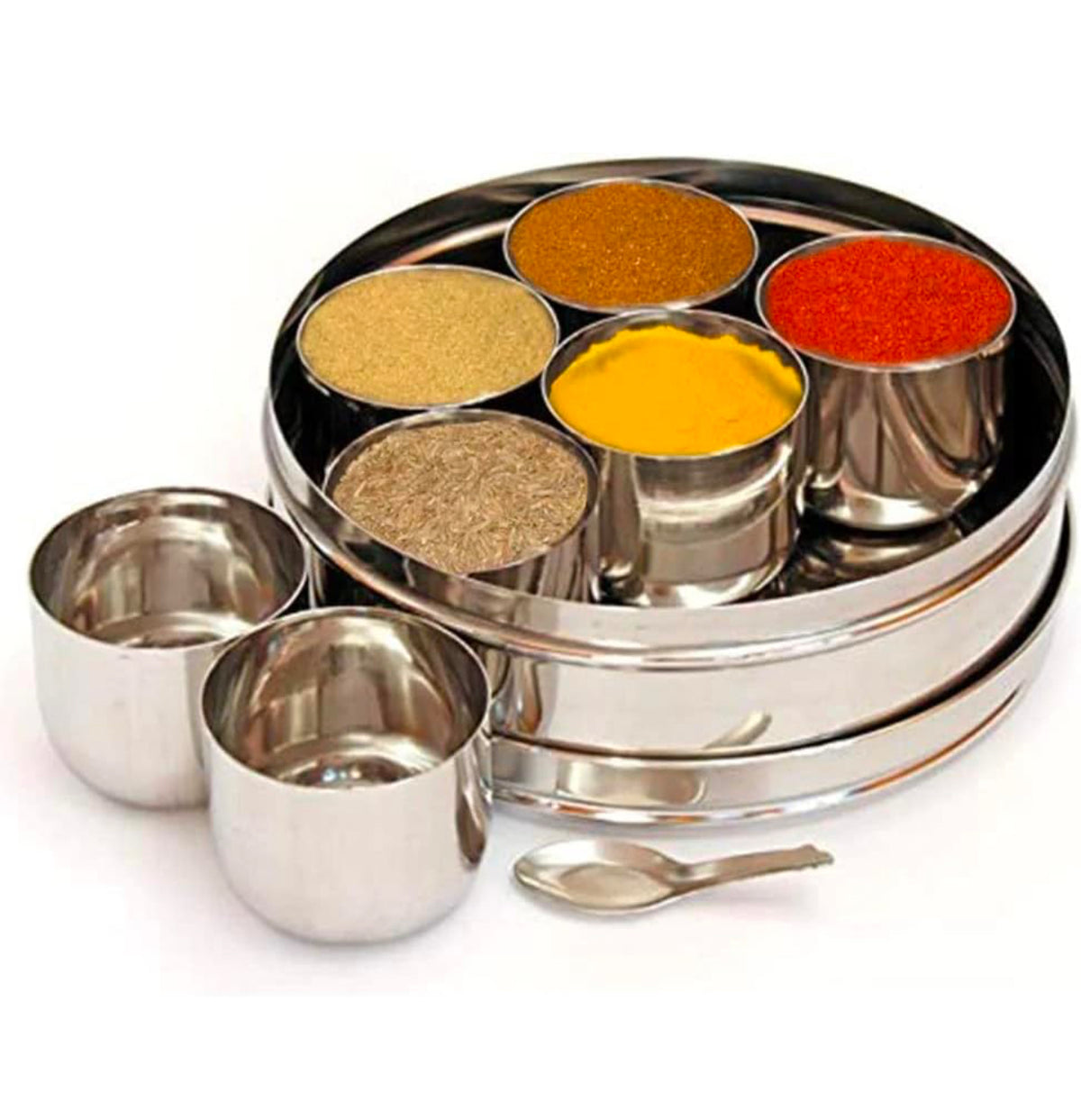 Riar Stainless Steel Modern Masala Box – 20 cm, Round, Laser Print Design