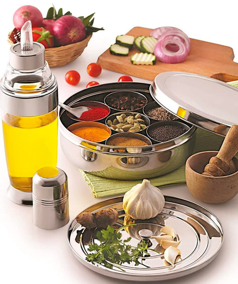 Riar Stainless Steel Modern Masala Box Plain – 20 cm, Round Design