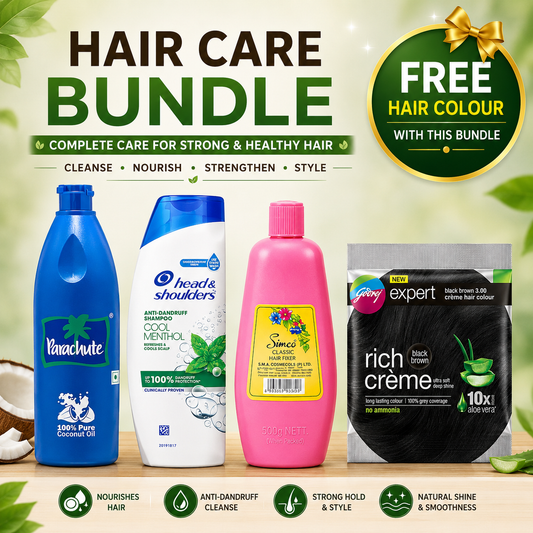 Hair care bundle with Parachute, Head & Shoulders, Sunsilk, and Godrej products on a green background.