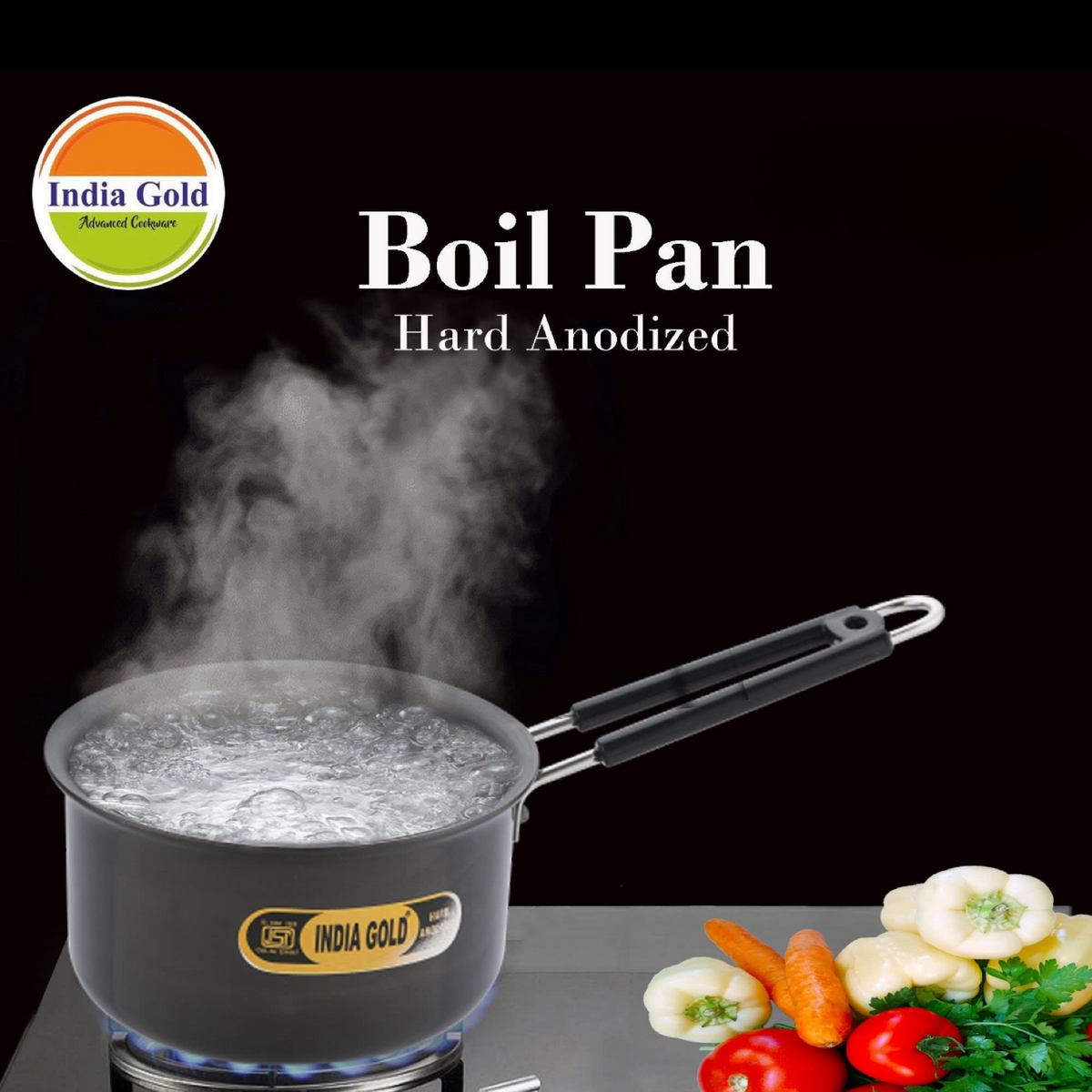 India Gold Aluminium Sauce Pan Hard Anodised Induction - Black, 15 cm, Modern Round Design