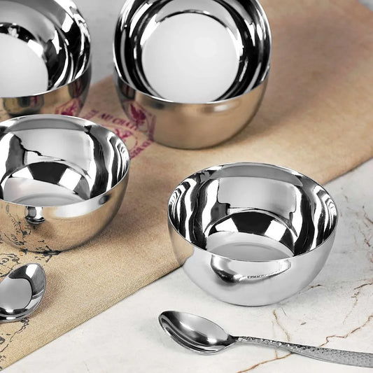 Riar Stainless Steel Apple Bati Modern Katori/Bowl – 6 Pieces (6 Inches), Round Design