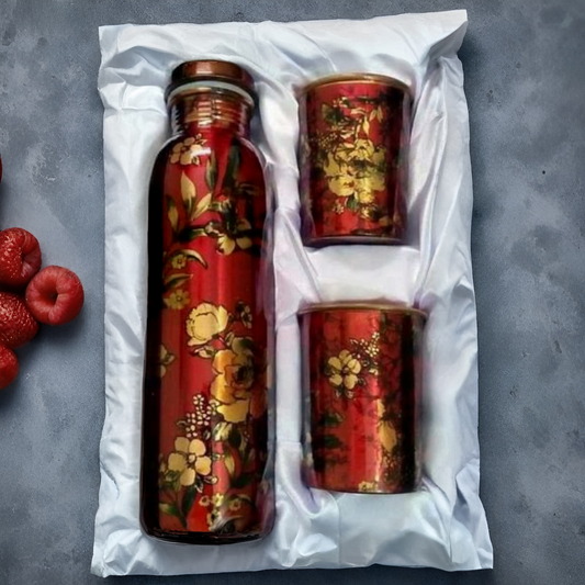 Riar Pure Copper Glass Bottle Gift Set Printed - 1 Bottle + 2 Glass