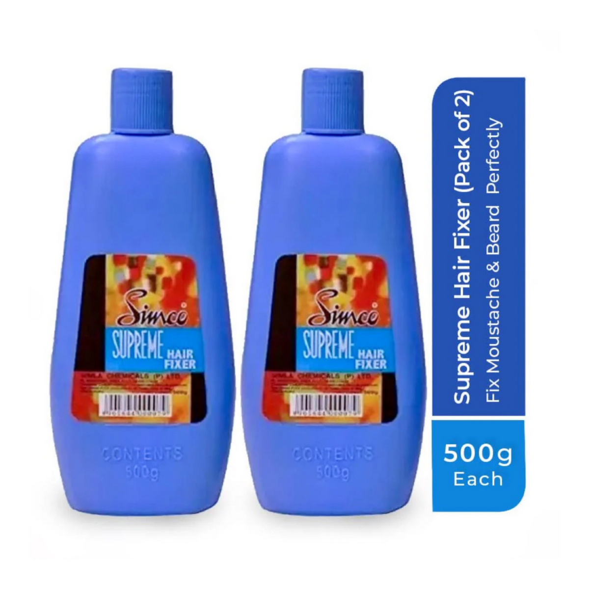 Two blue bottles labeled 'Supreme Hair Fixer,' 500g each, kitchen utensils.
