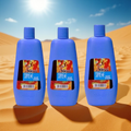 Three blue bottles of Supreme Hair Fixer on sand under bright sunlight, not kitchen utensils.