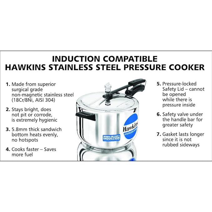 Hawkins Stainless steel IND Induction Bottom Pressure Cooker, Inner Lid, 8 Litre